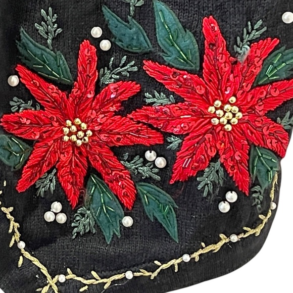 Poinsettias Black Sweater Christmas Vest Large Beaded Ugly Victoria Jones 90's - Picture 3 of 5